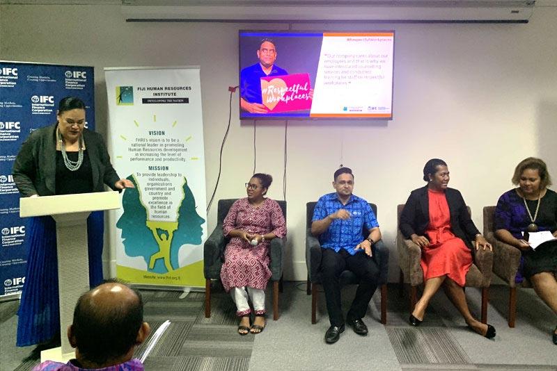 Fusimalohi speaking at a Rakorako event in Suva, Fiji.